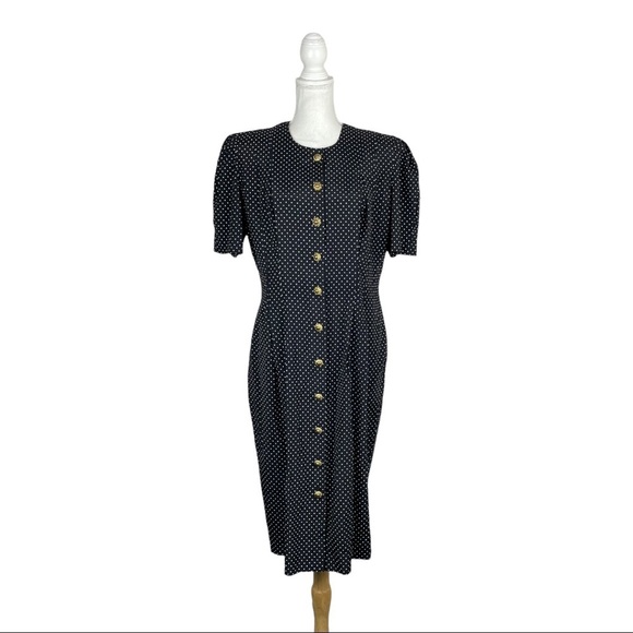 SL Fashions Vintage 80's 90's Black White Polkadot Midi Sheath Dress Rockabilly - Picture 9 of 9